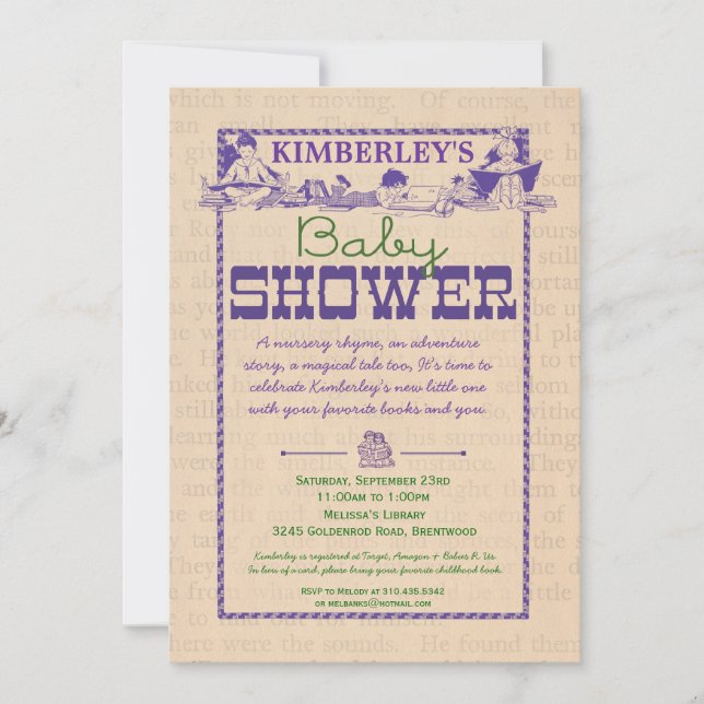 Invitación de Baby Shower del fiesta del libro (Anverso)