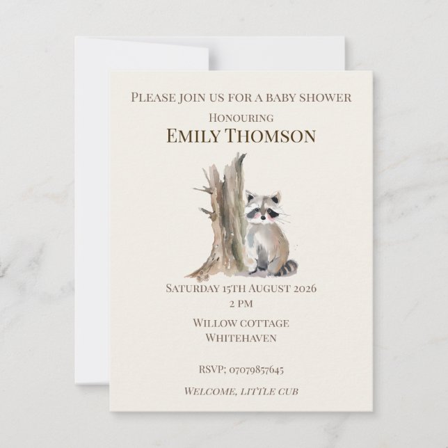 Invitación de Baby Shower del Mapache del Bosque (Anverso)