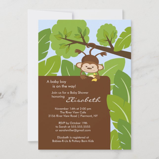 Invitación de Baby Shower del monje de la selva (Anverso)