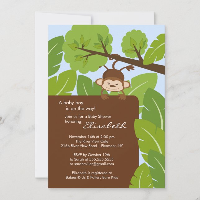 Invitación de Baby Shower del monje de la selva (Anverso)
