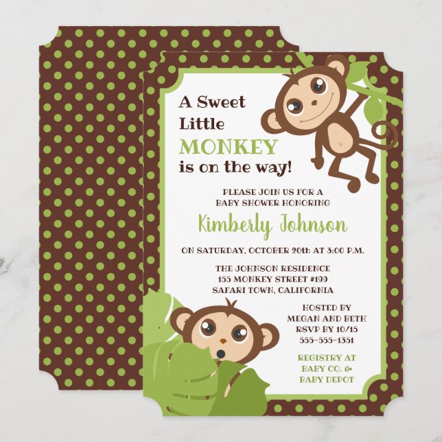 Invitación de Baby Shower del mono (Anverso / Reverso)