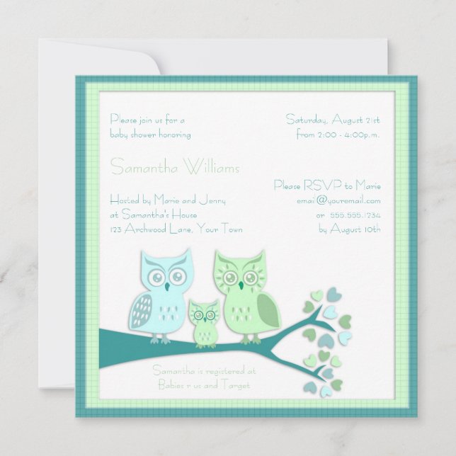 Invitación de Baby Shower del muchacho del búho (Anverso)
