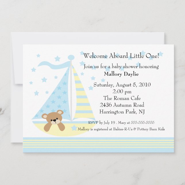 Invitación de Baby Shower del muchacho del velero (Anverso)