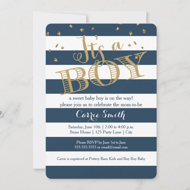 Invitación de Baby Shower del niño de la franja de (Anverso)