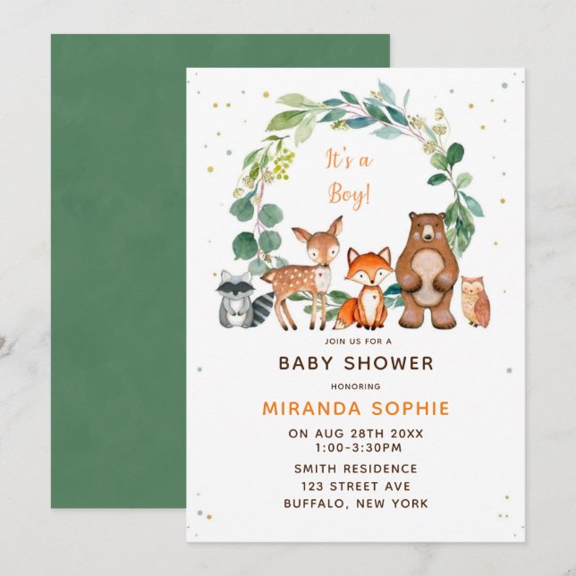 Invitación de Baby Shower del niño Woodland Safari (Anverso / Reverso)