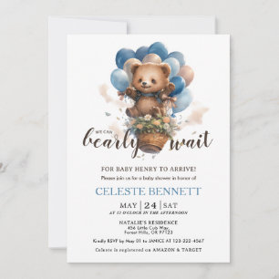 Invitación de Baby Shower del Oso con Globo Azul M