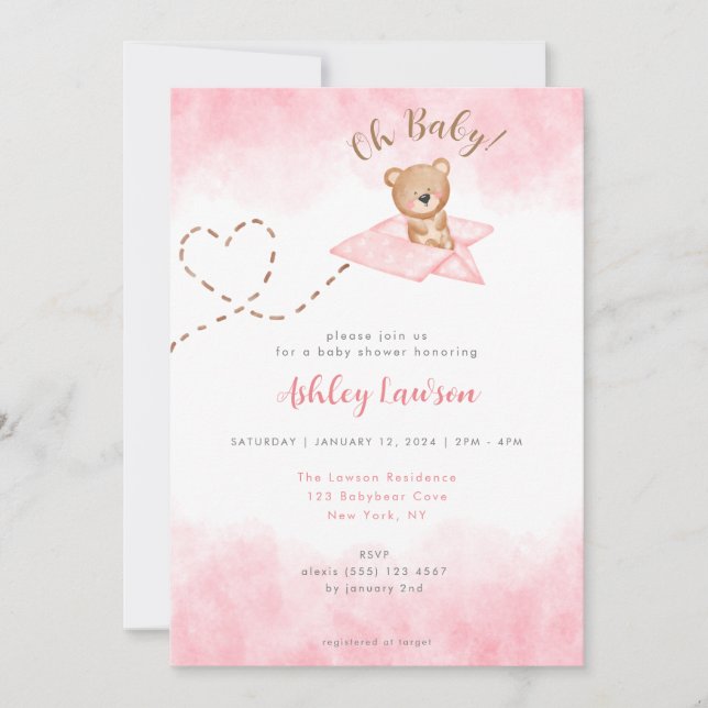 Invitación de Baby Shower del oso de avión rosado (Anverso)