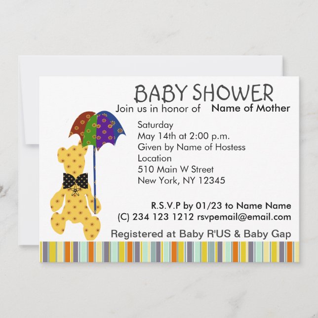 Invitación de Baby Shower del oso de peluche (Anverso)
