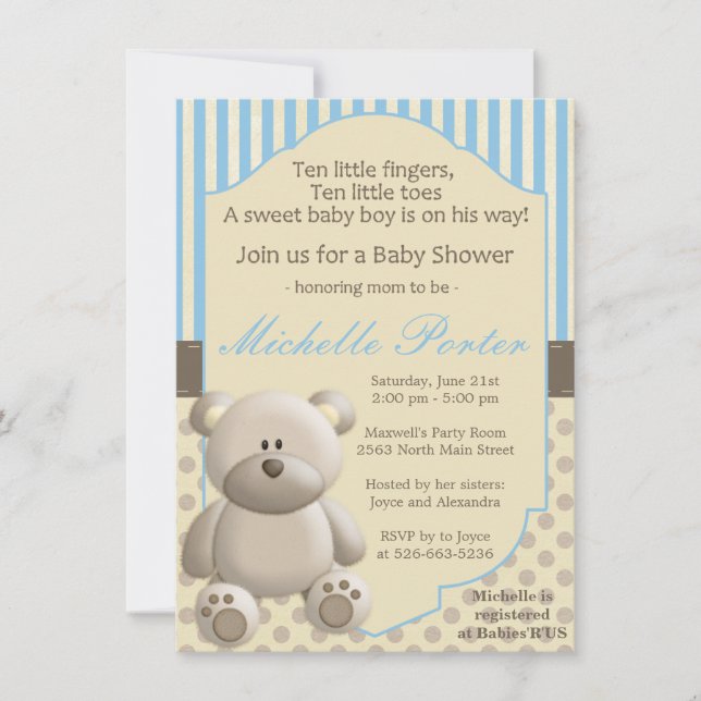 Invitación de Baby Shower del oso de peluche para (Anverso)