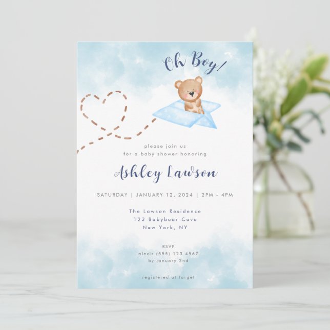 Invitación de Baby Shower del oso del avión azul-n (Anverso de pie)