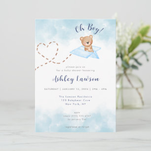 Invitación de Baby Shower del oso del avión azul-n