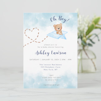 Invitación de Baby Shower del oso del avión azul-n