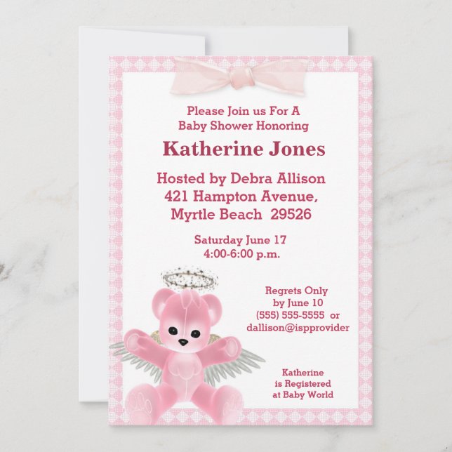 Invitación de Baby Shower del oso rosa Angel (Anverso)
