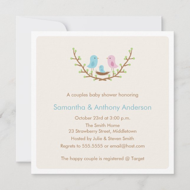Invitación de Baby Shower del pájaro de los pares (Anverso)