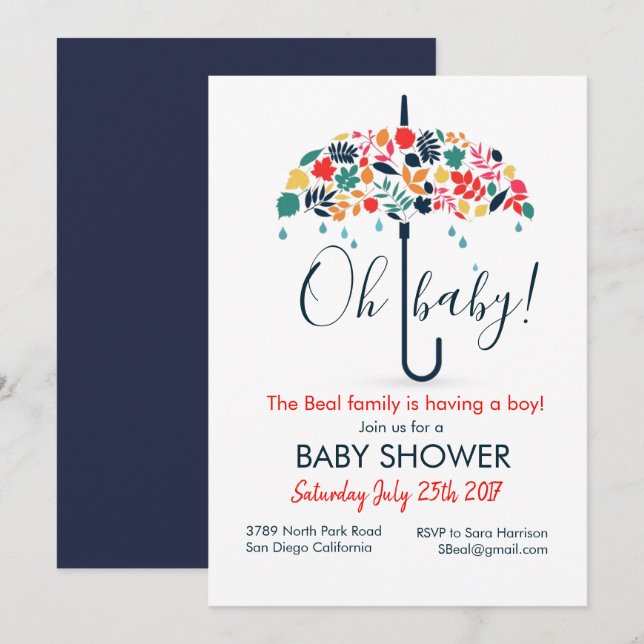 Invitación de Baby Shower del paraguas (Anverso / Reverso)