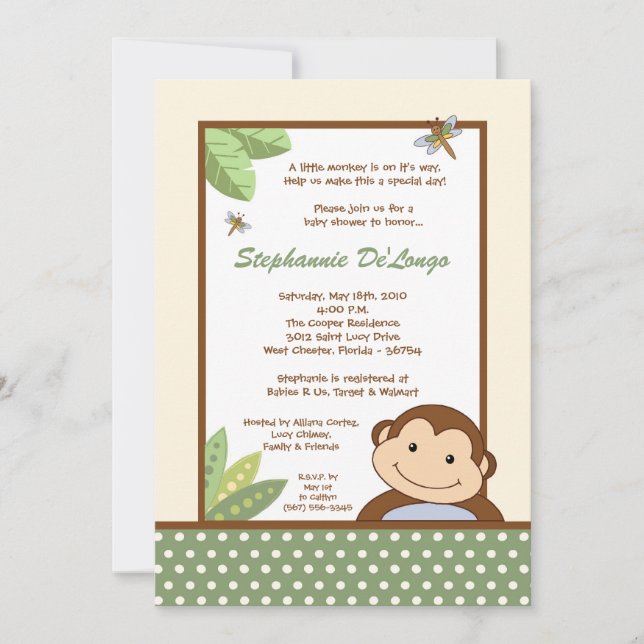 invitación de Baby Shower del safari del mono de (Anverso)