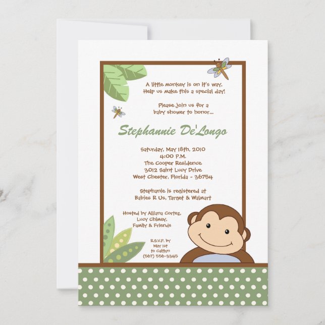 invitación de Baby Shower del safari del mono de (Anverso)