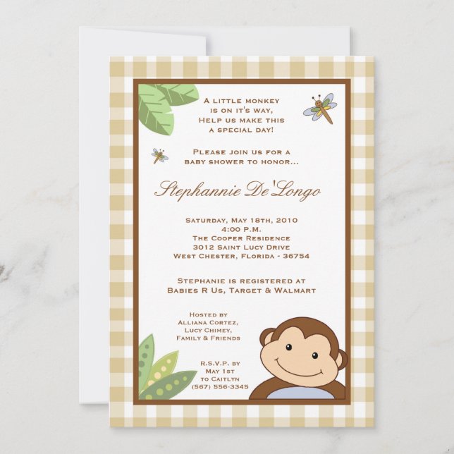 invitación de Baby Shower del safari del mono de (Anverso)