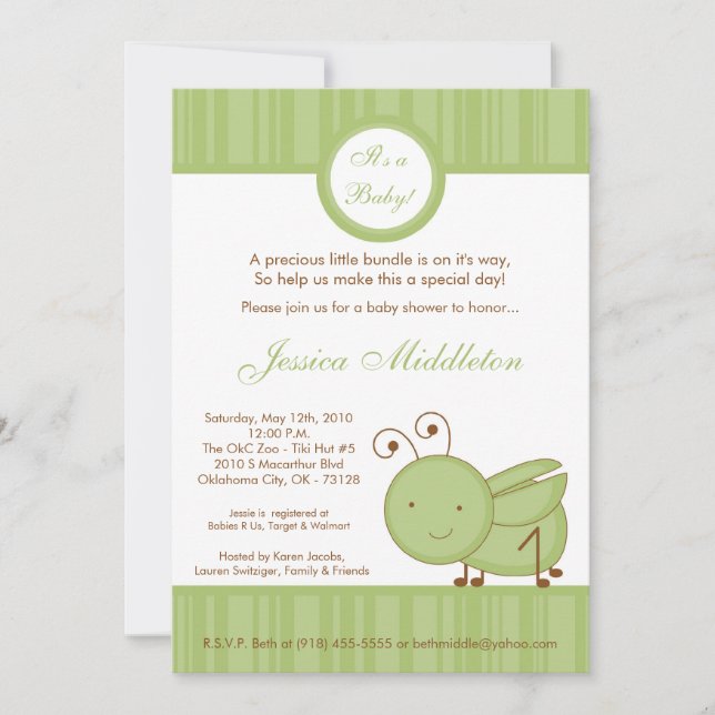 invitación de Baby Shower del saltamontes de la (Anverso)