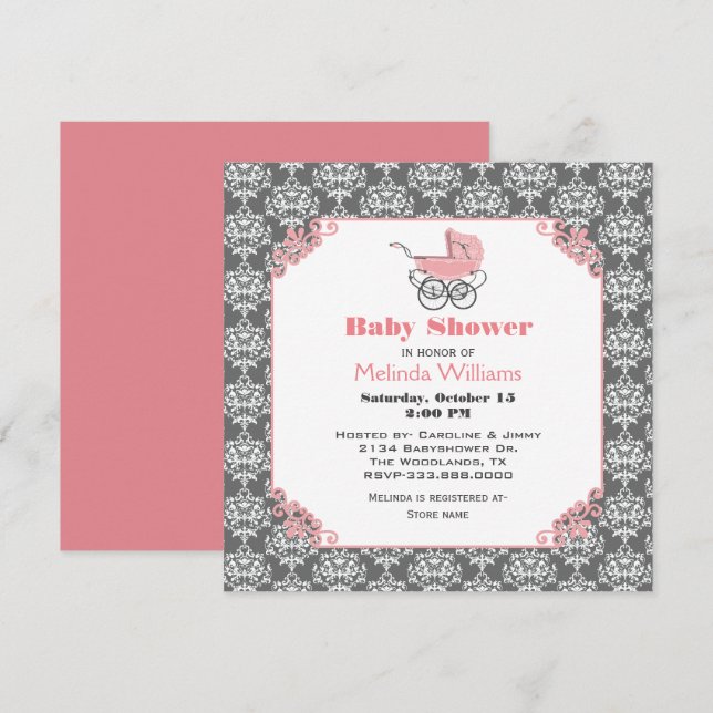 Invitación de Baby Shower del Stroller Rosado Elga (Anverso / Reverso)
