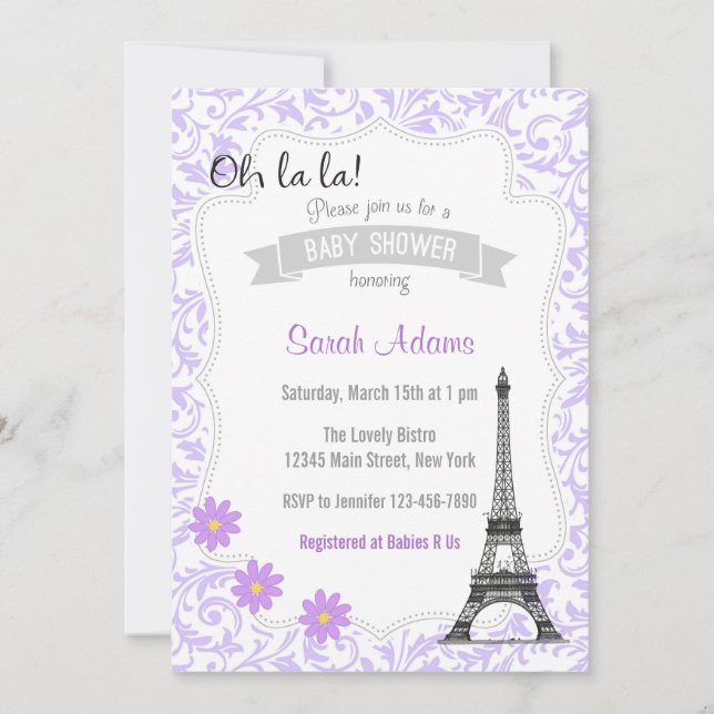Invitación de Baby Shower del tema de París (Anverso)