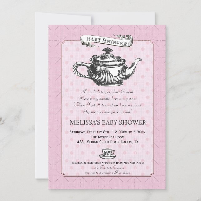 Invitación de Baby Shower del tiempo del té - rosa (Anverso)