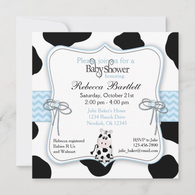 Invitación de Baby Shower del vaquero de la vaca (Anverso)