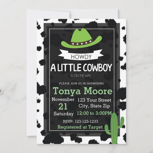 Invitación de Baby Shower del vaquero (verde) (Anverso)