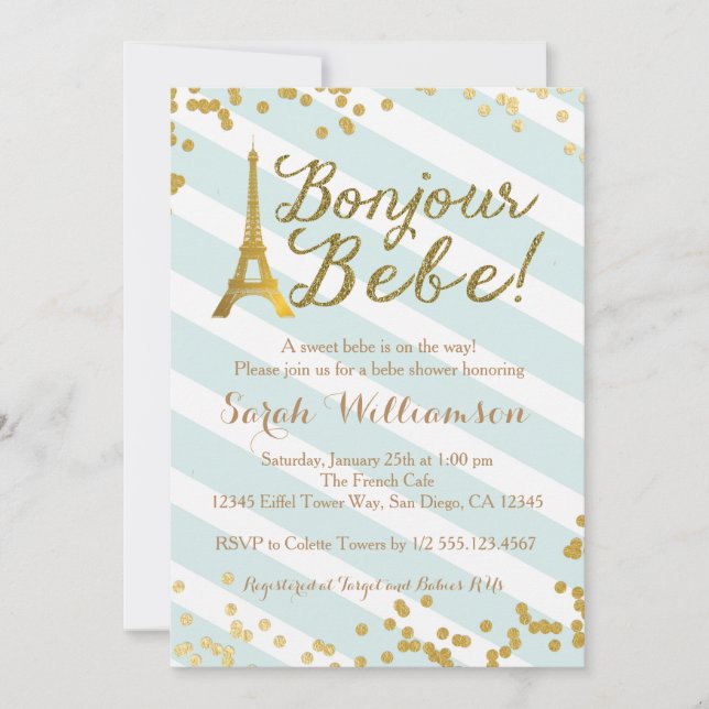 Invitación de Baby Shower del verde de Bonjour (Anverso)