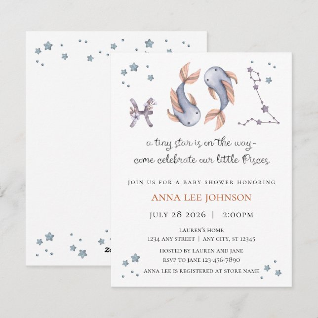 Invitación de Baby Shower del Zodiaco de Piscis (Anverso / Reverso)