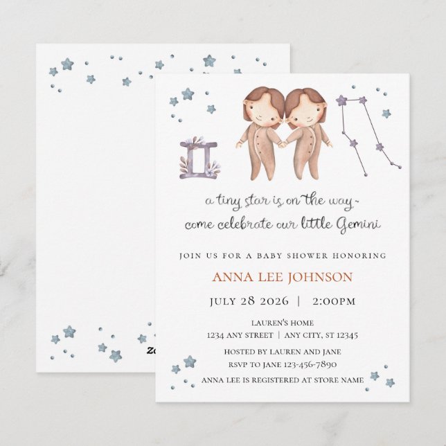 Invitación de Baby Shower del Zodiaco Gemini (Anverso / Reverso)