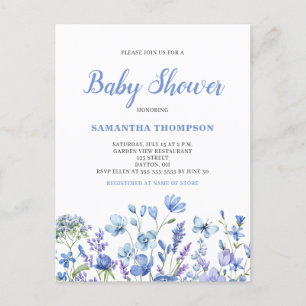 Invitación de baby shower delicada con flores azul