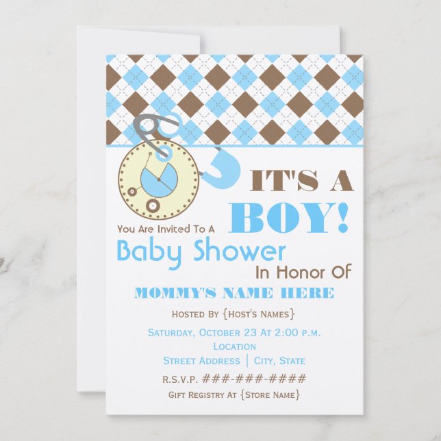 Invitación de Baby Shower - Diaper Pin Blue & Brow (Anverso)