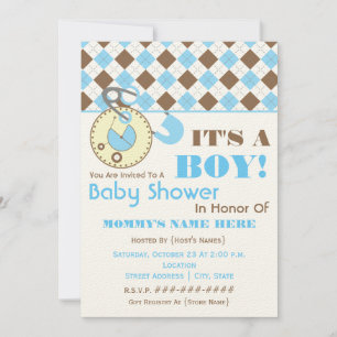 Invitación de Baby Shower - Diaper Pin Blue & Brow