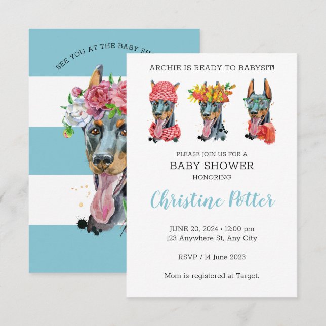 Invitación de Baby Shower Doberman Watercolor (Anverso / Reverso)