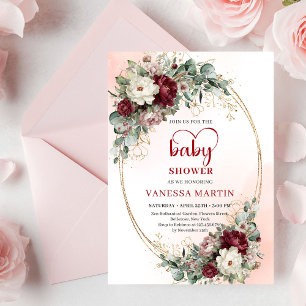 Invitación de baby shower dorada con flores granat