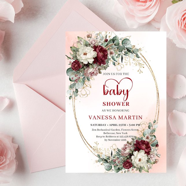 Invitación de baby shower dorada con flores granat (Pretty Maroon Floral Gold Baby Shower Invite)