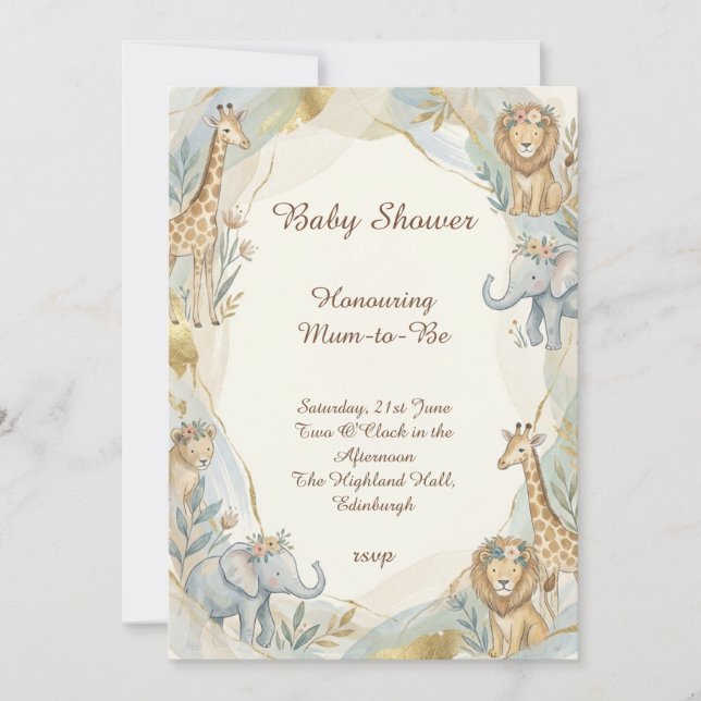 Invitación de Baby Shower dorada de Animales de Sa (Anverso)