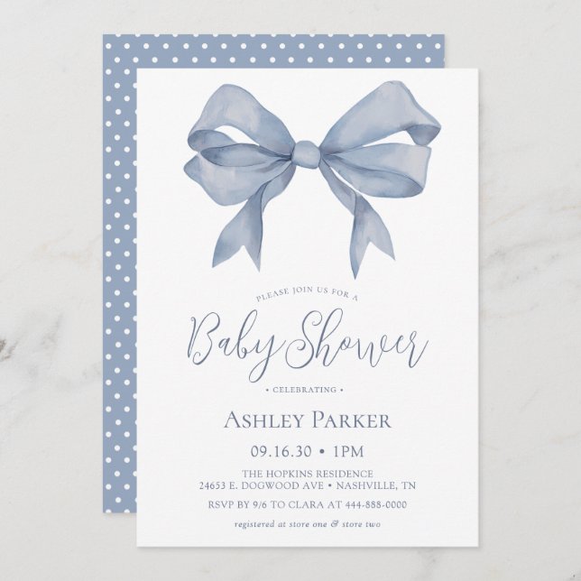 Invitación de Baby Shower Dusty Blue Bow Boy (Anverso / Reverso)