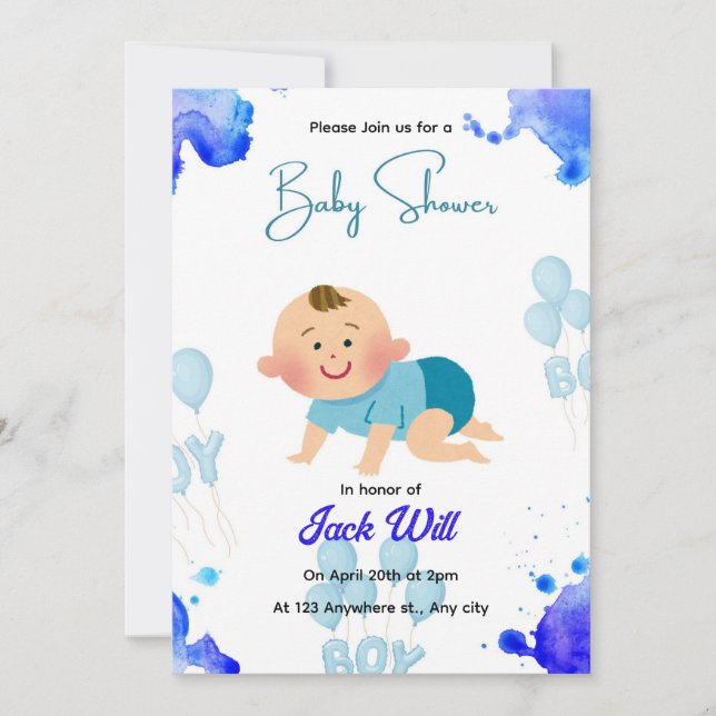 Invitación de Baby Shower Editable BEBÉ NIÑO AZUL (Anverso)
