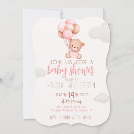 Invitación de baby shower editable con oso rosa y