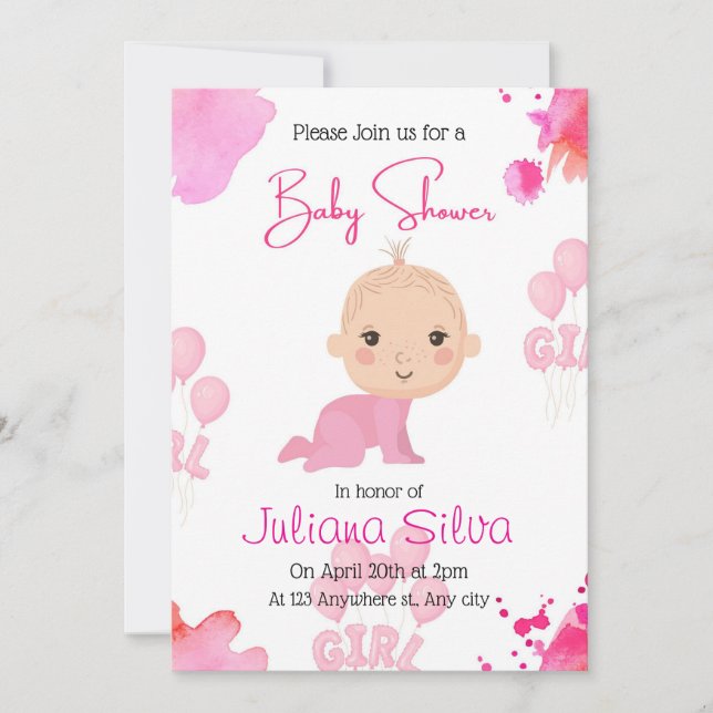 Invitación de baby shower editable de niña rosa (Anverso)