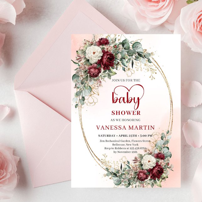 Invitación de baby shower elegante con flores de b (Stylish Burgundy Flowers Gold Baby Shower Invite)