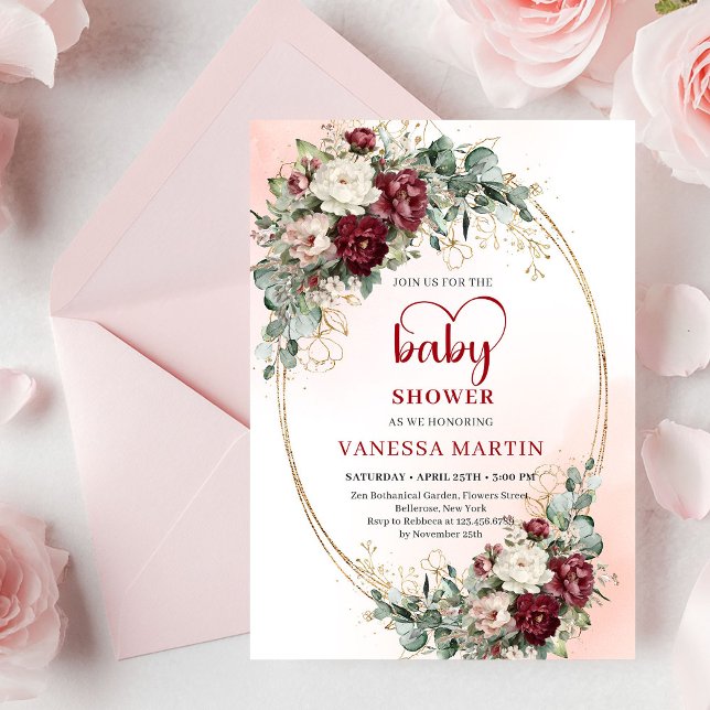 Invitación de baby shower elegante con flores gran (Stylish Maroon Flowers Greenery Baby Shower Invite

)