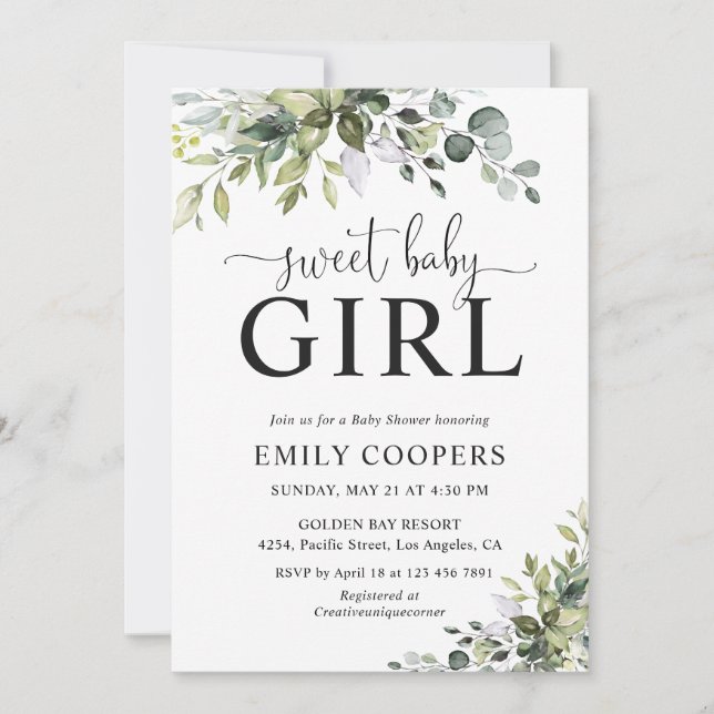 Invitación de Baby Shower Elegante con Verde (Anverso)