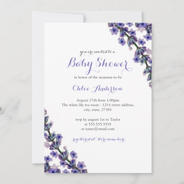 Invitación de baby shower elegante de lavanda (Anverso)