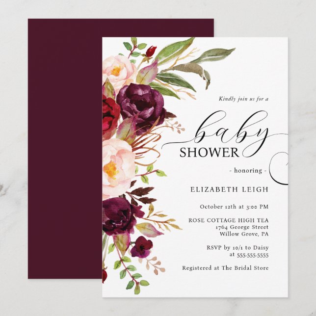 Invitación de baby shower elegante floral borgoña  (Anverso / Reverso)