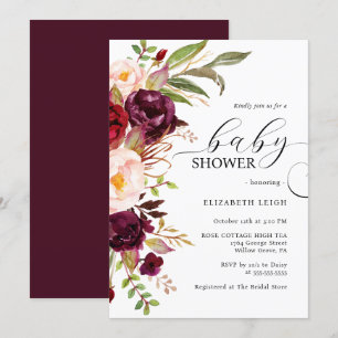 Invitación de baby shower elegante floral borgoña