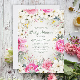 Invitación de Baby Shower Elegante Rosa Blanco Flo