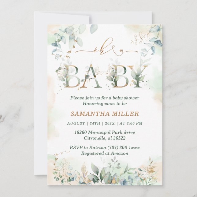 Invitación de Baby Shower Elegante Verde (Anverso)